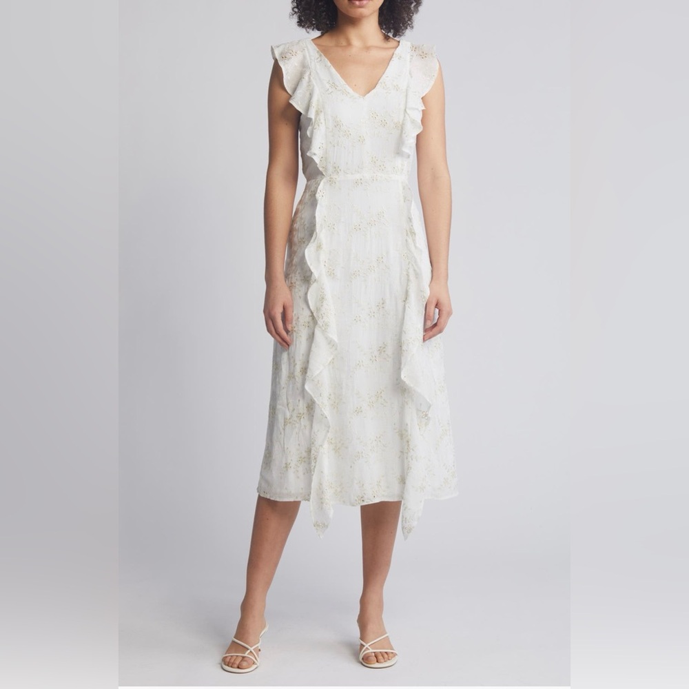 Julia Jordan Ivory Gold Embroidered Ruffle Midi Dress Size 10 NWT